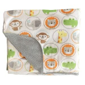 Circo Baby Blanket 29x38" White Gray Animal Print Lion Elephant Jungle Circles